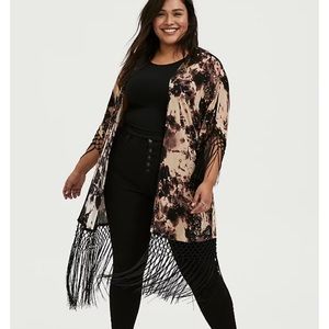 Black Tie-Dye Crepe Fringe Kimono